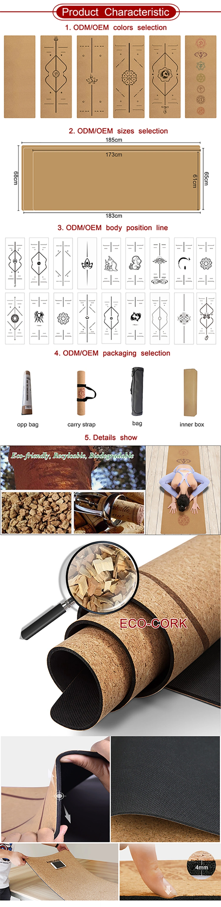 Yugland Cork TPE Yoga Mat Fitness Natural Cork Mats Pilates Sport Slimming Balance Training Gym with Position Line Non Slip Gymnastics